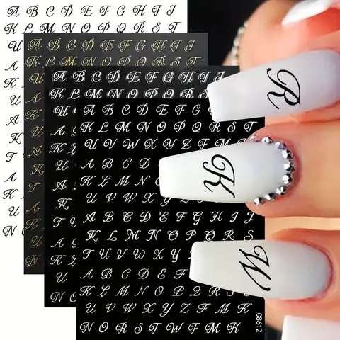 Roman Letter Nail Art Kits Stickers Set, Gothic Gold Silver Self-Adhesive DIY Manicure Decorations, 4 Piece Pack, Gothic Letters, Gothic Style, Nail Art Designs