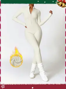 Women's Solid Zip Up Skiing Jumpsuit, Quick Drying Jumpsuit, Sporty Long Sleeve thermal Quick-Dry Jumpsuit for Skiing Cycling, Sportswear for Fall & Winter, Yoga Gym Workout Running Wear, Stretchable Activewear, 3D Structural Seam Design