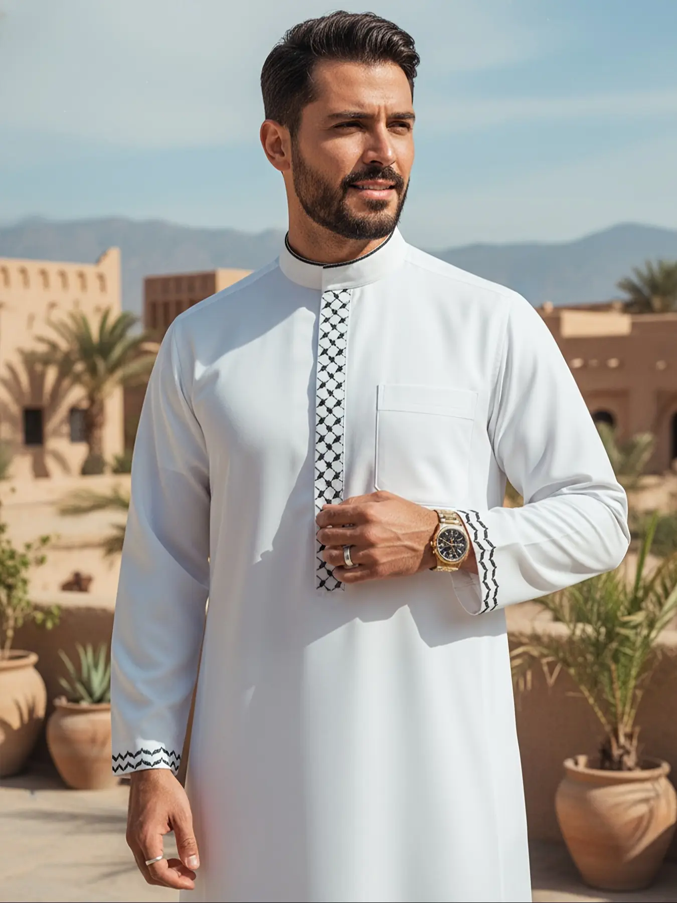 Men's Arabic Middle Eastern Traditional Clothing, Authentic Saudi Thobe, Classic Stand Collar with Geometric Embroidery, Long Sleeve Casual Fitted Style For Men