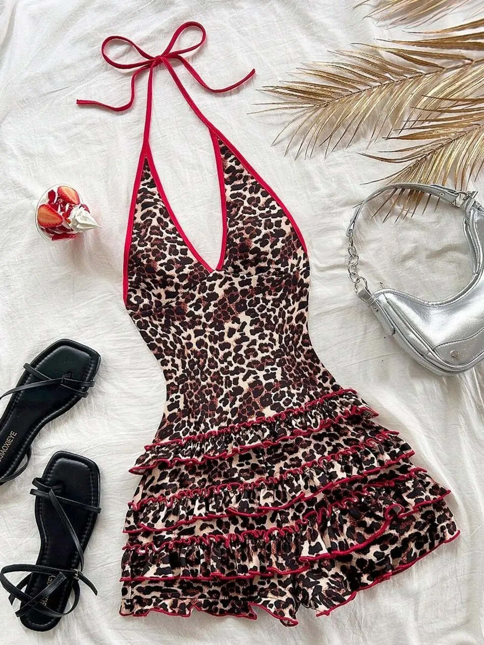 Leopard Print V-Neck Romper, Halter Tie-Waist Ruffled Hem Playsuit for Vacation