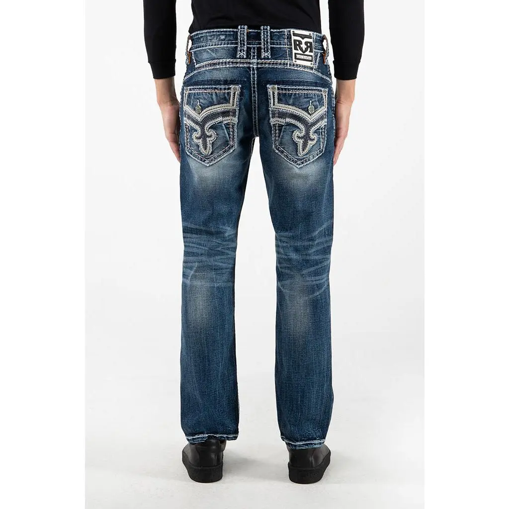 Rock Revival Men's Tabby Straight Indigo Stretch Denim Pants - Dark Blue 90s Straight Cut Jeans, Tabby Straight-Leg Jeans with Floral Embroidery, Leather Accents, Pocket Detail, Embellished Vintage LA Streetwear Bottoms, Dark Blue Jeans