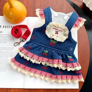 Pet Clothes Dog Cat Jeans Lace Dress Cherry Pattern Cow Girl Causal Breathable Comfortable Summer With Leash Ring D00084