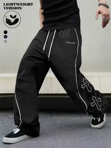 Men's Fashion American Streetwear Gothic Cross Print Wide Leg Pants Striped Design Draped Skin-friendly Fabric Loose Jogger Hip Hop INS Style Casual Pants Unisex Straight Leg Trousers