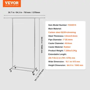 VEVOR Clothes Rack with Wheels, Heavy Duty Clothing Garment Rack with Hanging Rod and Bottom Storage Area, Adjustable Length Clothing Rack, 2 Lockable Wheels