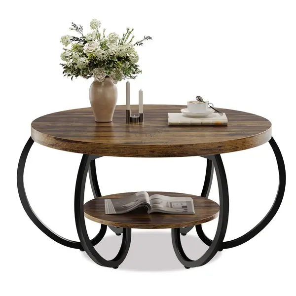 [FLASH SALE] Garvee 30" Round Industrial Coffee Table with 2 Tiers – Adjustable Feet, Wooden Grain Design and Storage Shelf for Living Room, Easy Assembly