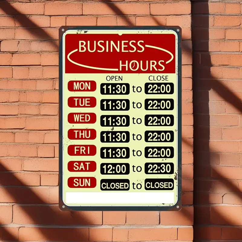 Classic Vintage Metal Business Hours Sign, Wall Hanging Multipurpose Open and Close Notice for Store, Bar, Cafe, Barber Shop, Indoor/Outdoor Decor, 8x12 Inches, No Electricity Needed