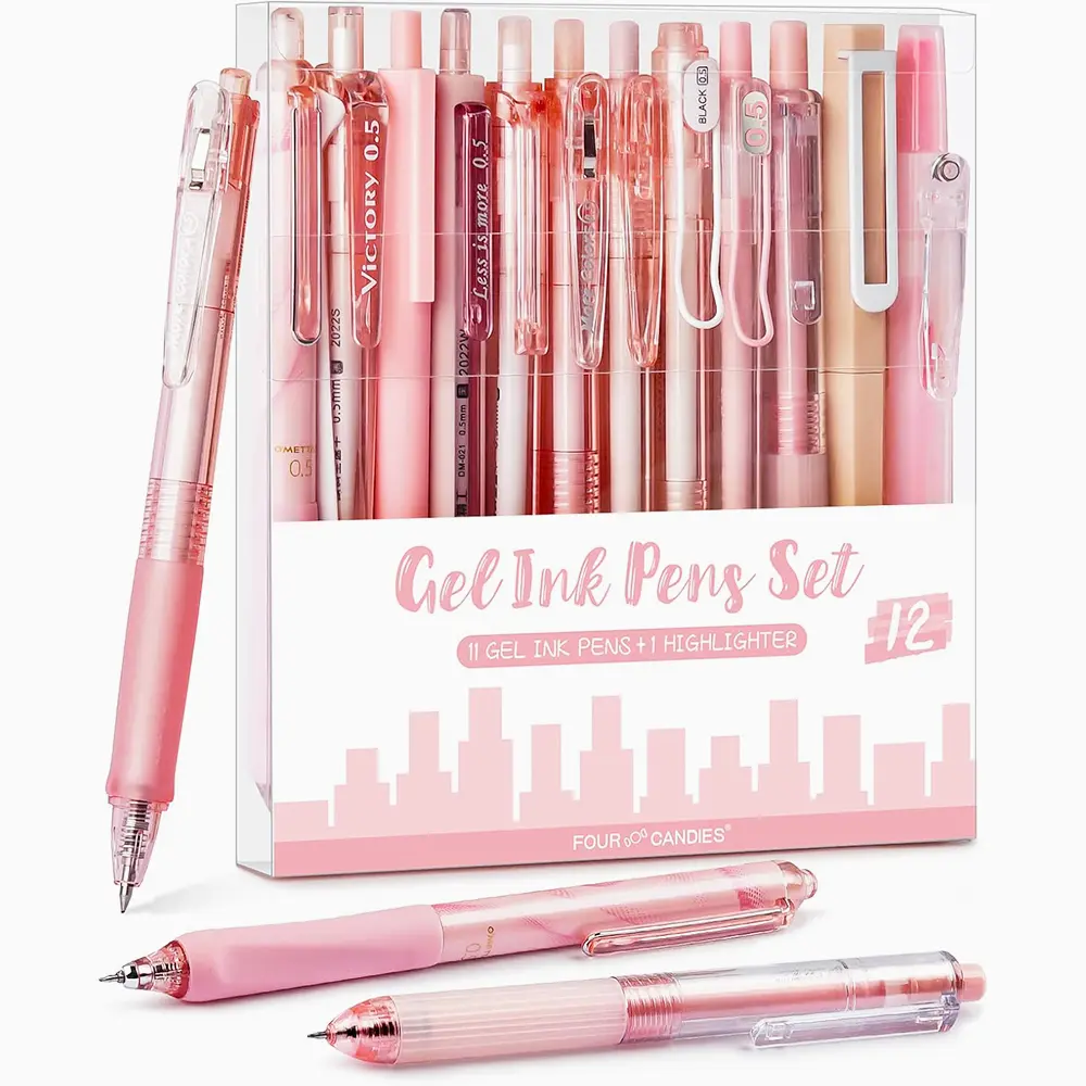【Buy 1 Get Gift】Four Candies 12PCS Pastel Gel Pen Set, Cute 0.5 mm Fine Point Writing Pens with 10 Black,1 Pink Ink,1 Highlighter, Quick Dry Aesthetic Girly Stationery Desk Accessories for Students, Notebook Writing,School & Office back to school supplies