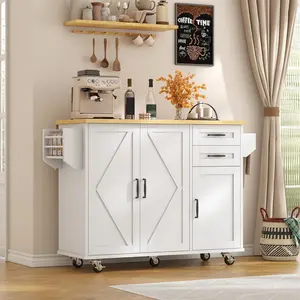 Rolling Kitchen Island On Wheels, Kitchen Island Cart with Drop Leaf Countertop, Barn Door Island Table with Storage Cabinet and 2 Drawer, 5 Wheels, Towel Rack and Spice Rack, White