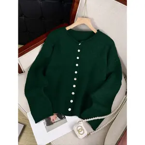 Women's Vintage Knit Cardigan with Rolled Hem, Simple Solid Color Knitwear for Autumn and Winter, Stylish Casual Outerwear