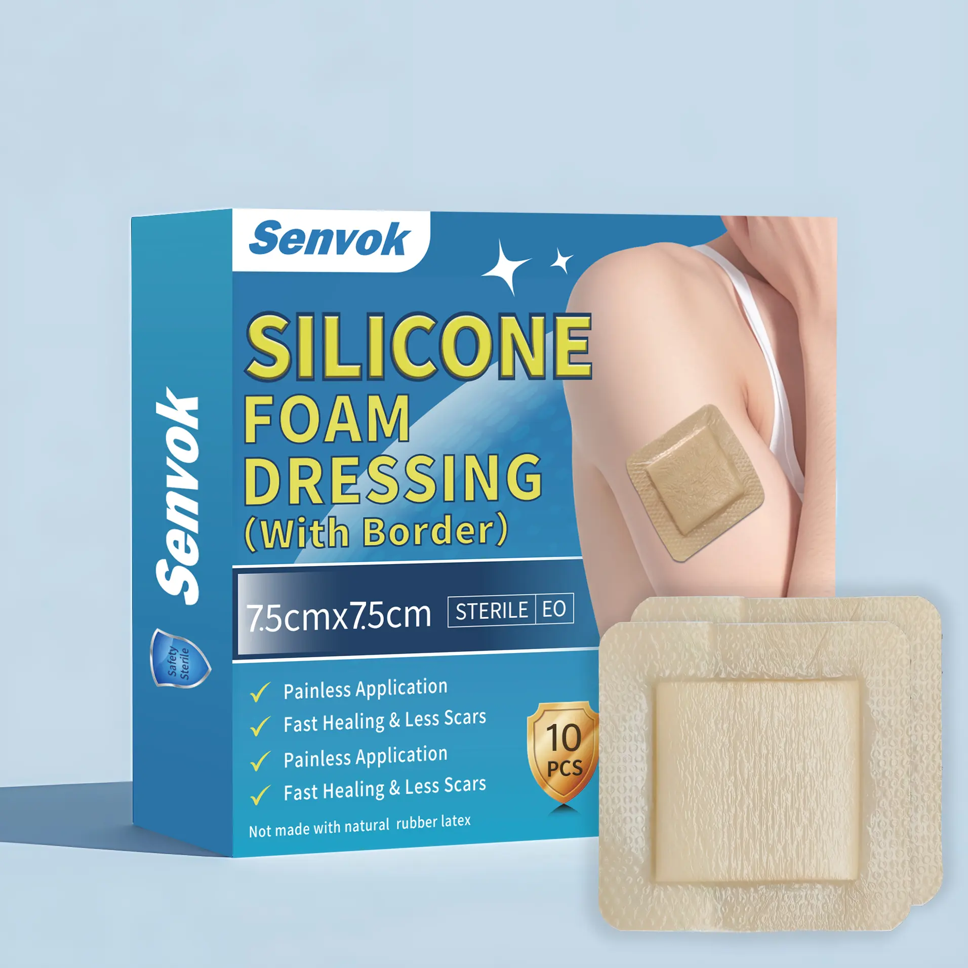 ​Senvok Silicone Foam Dressing with Border Adhesive | 7.5cm x 7.5cm | Gentle Protection for Delicate Skin | 10 Pack​