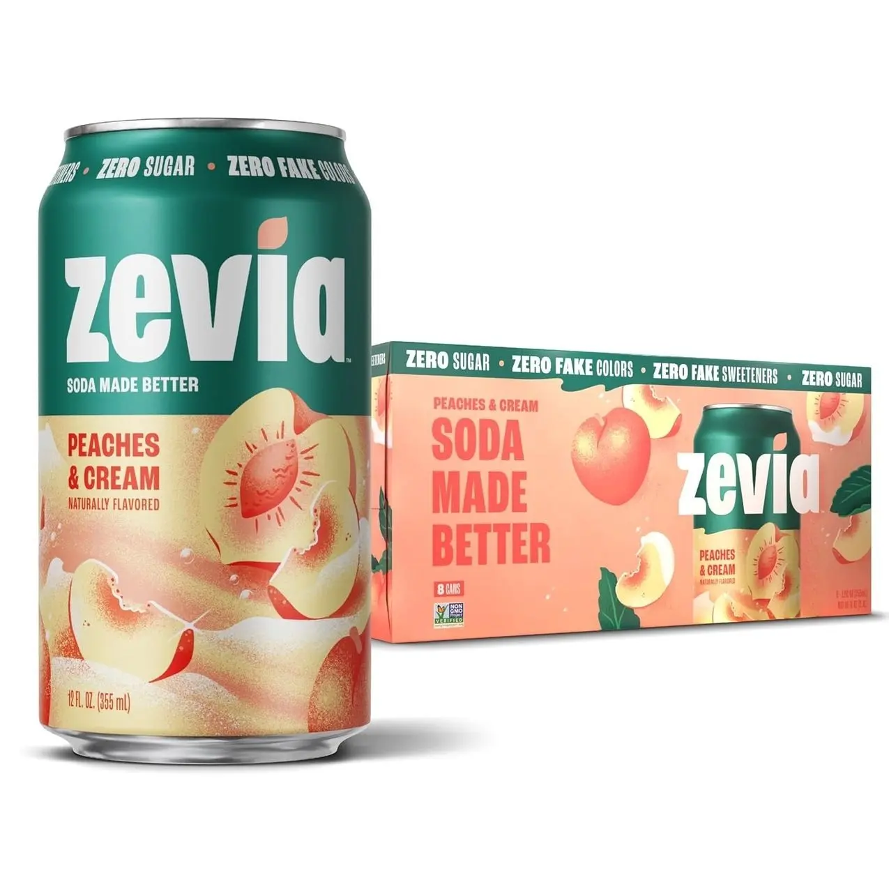 Zevia Zero Sugar Soda, Peaches and Cream, 12 oz Cans (8-Pack) – Caffeine Free, Naturally Sweetened, No Calorie Soda - Non-GMO Project Verified, Gluten-Free, Vegan
