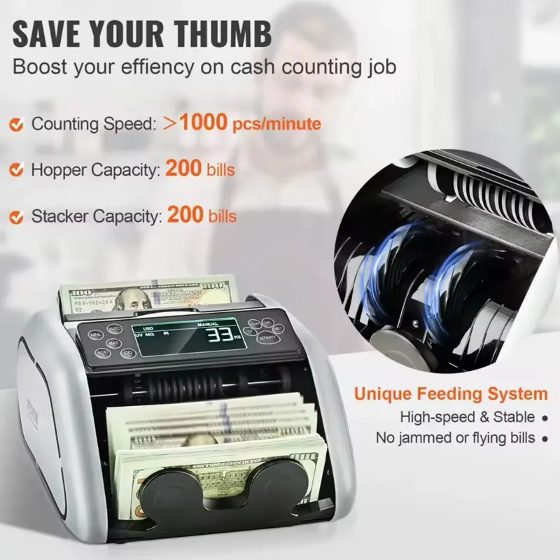 1000 Pcs/Min Money Counter Business Cash Register Bill Counterfeit Bill Detector by UV/MG/IR/DD Function for Bank Store