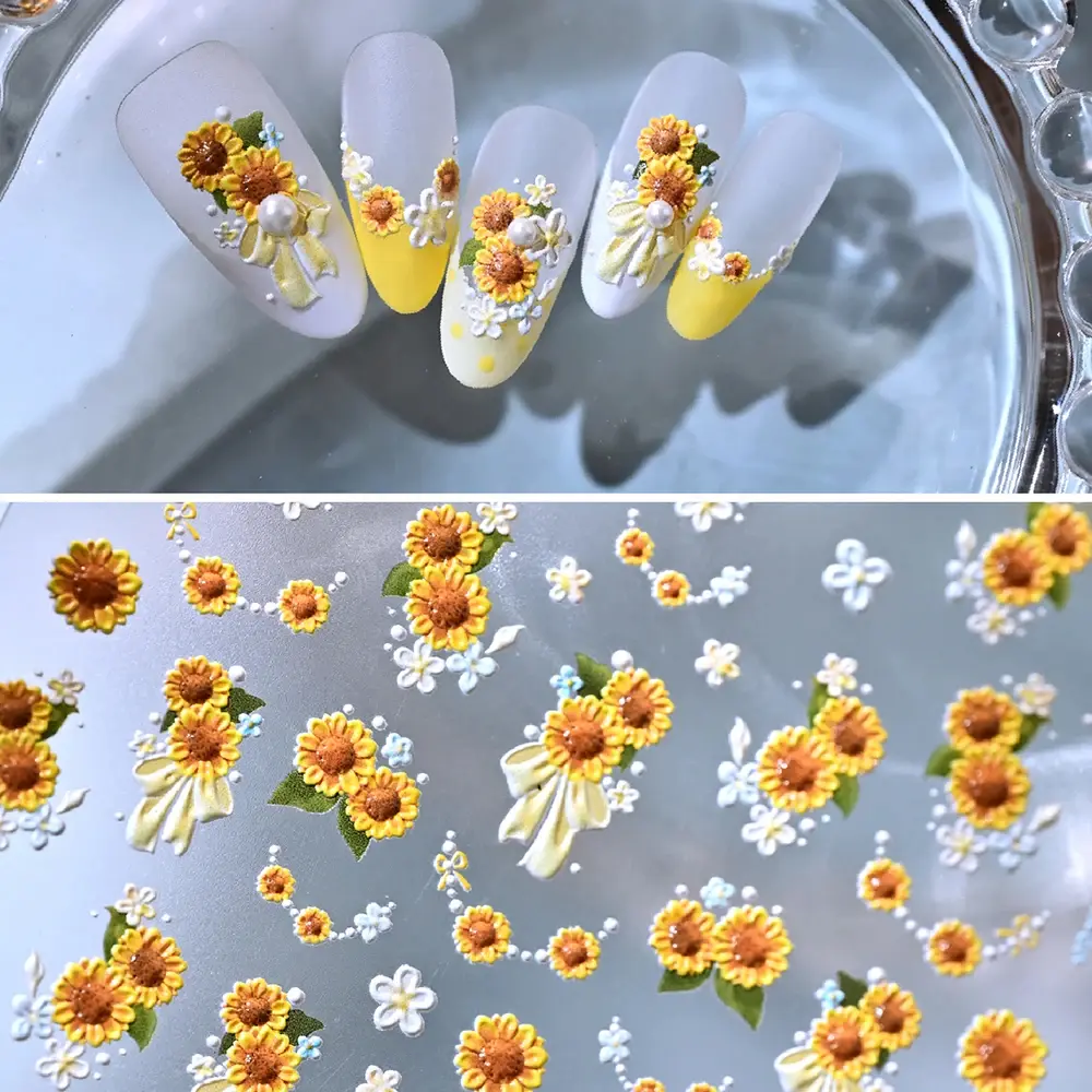 1 Sheet 5D Embossed Sunflower Nails Sticker Cute Spring Summer Floral Nail Decals Self-Adhesive Sunflower Nail Supplies DIY SW2$