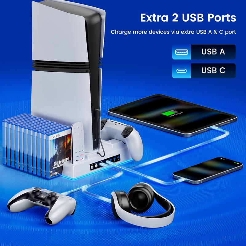 ESYWEN PS5 Cooling Fan Dock & Charging Station with Turbo Fan, 6 Game Card Slots, Dual Controller Charger, RGB Lights, Remote Holder, Compatible with PS5 2020/2023 Slim/2024 Pro Models (Disc & Digital)