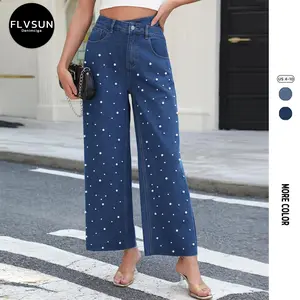 Flvsun-Women's Flare Leg Denim Jeans - Solid Color, Smooth Non-Stretch Woven Fabric - All-Season Casual Wear,Pearl Design,Multi Pockets