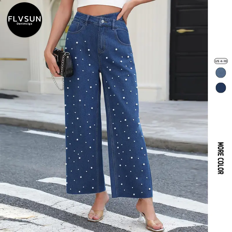 Flvsun-Women's Flare Leg Denim Jeans - Solid Color, Smooth Non-Stretch Woven Fabric - All-Season Casual Wear,Pearl Design,Multi Pockets