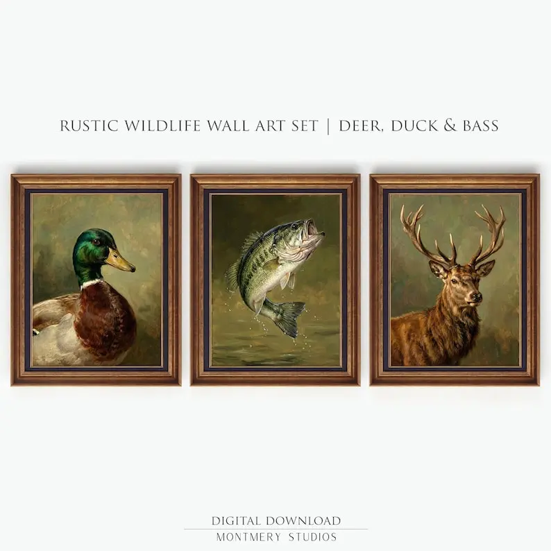 Rustic Wildlife Wall Art Set of 3, Deer, Mallard Duck & Largemouth Bass Prints, Rustic Cabin Decor, Vintage Hunting and Fishing Prints, S088