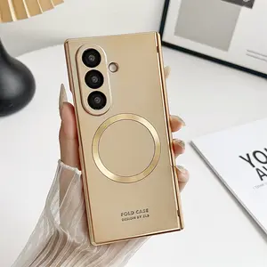 High end electroplated magnetic phone case suitable for Samsung Galaxy Z Fold 7/6/5 with tempered glass film zfold 7 supporting wireless charging zfold 6 with central cover protection hinge zfold 5 anti drop folding phone case