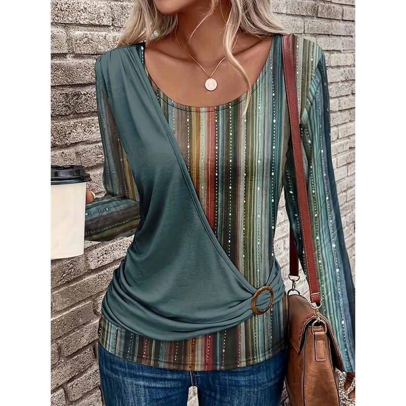 Women's Casual Long Sleeve Round Neck Top - All-Over Vertical Stripes & Circular Print, Olive Green with Brown/Beige/Teal Accents, Womenswear Blouse