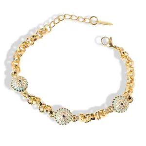 14K Gold Plated Evil Eye Ball Bracelet 7" + 2cm Extension with CZ Blue Stone Jewelry for Women Stylish Adjustable Fit Trendy Elegant Everyday Wear