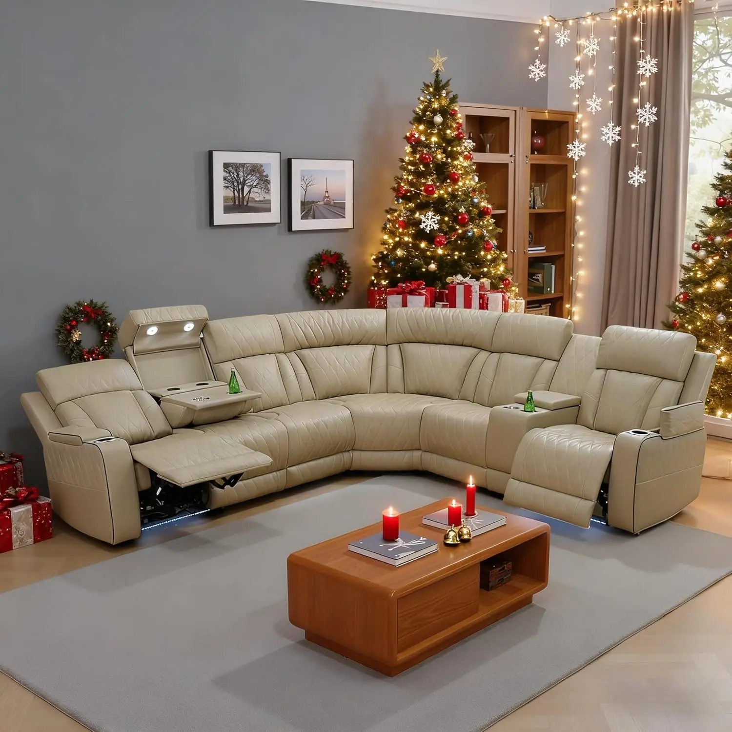 Power Breathing Leather Reclining Sofa Set with LED Light & USB Port Sectional Couch for Living Room Home Office
