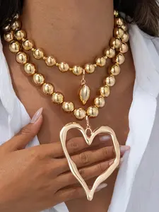 2 Pieces Bohemian Style Exaggerated Large Bead Heart Pendant Necklace, Light Luxury Fashion Women's Vacation Party Versatile Heart Knot Chain, Girlfriend Necklace, Multi-Charm Necklace, Women's New Necklace, Women's Original Necklace, Love Heart Necklace