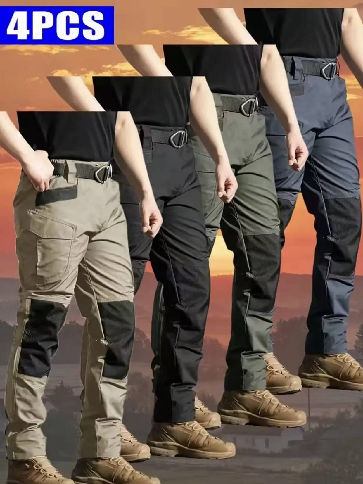 Men's Plain Tactical Work Pants 4-PACK - Menswear with Multiple Pockets, Reinforced Knee Protection, 230g Fabric, Beige Casual Fit Waist, Ideal for Spring/Summer Outdoor Activities, Father's Day Gift