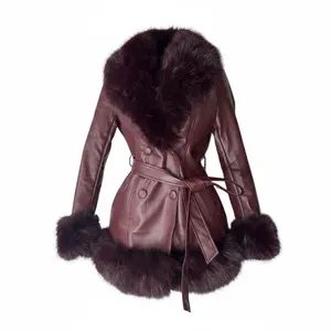 Burgundy Leather Jacket with Faux Fur Trim and Belted Waist for Women