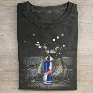 [ Sale Up To 40%] Comfort Colors Vintage Raccoon Red Bull Graphic Tee, Retro Unhinged Animal Energy Drink Shirt