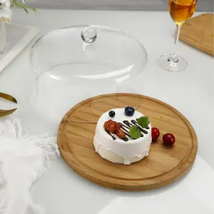 2-In-1 Bamboo Wood Cake Stand with Plastic Cover and Bowl, Square Display Rack for Desserts Fruits Cheese French Fries Vegetables