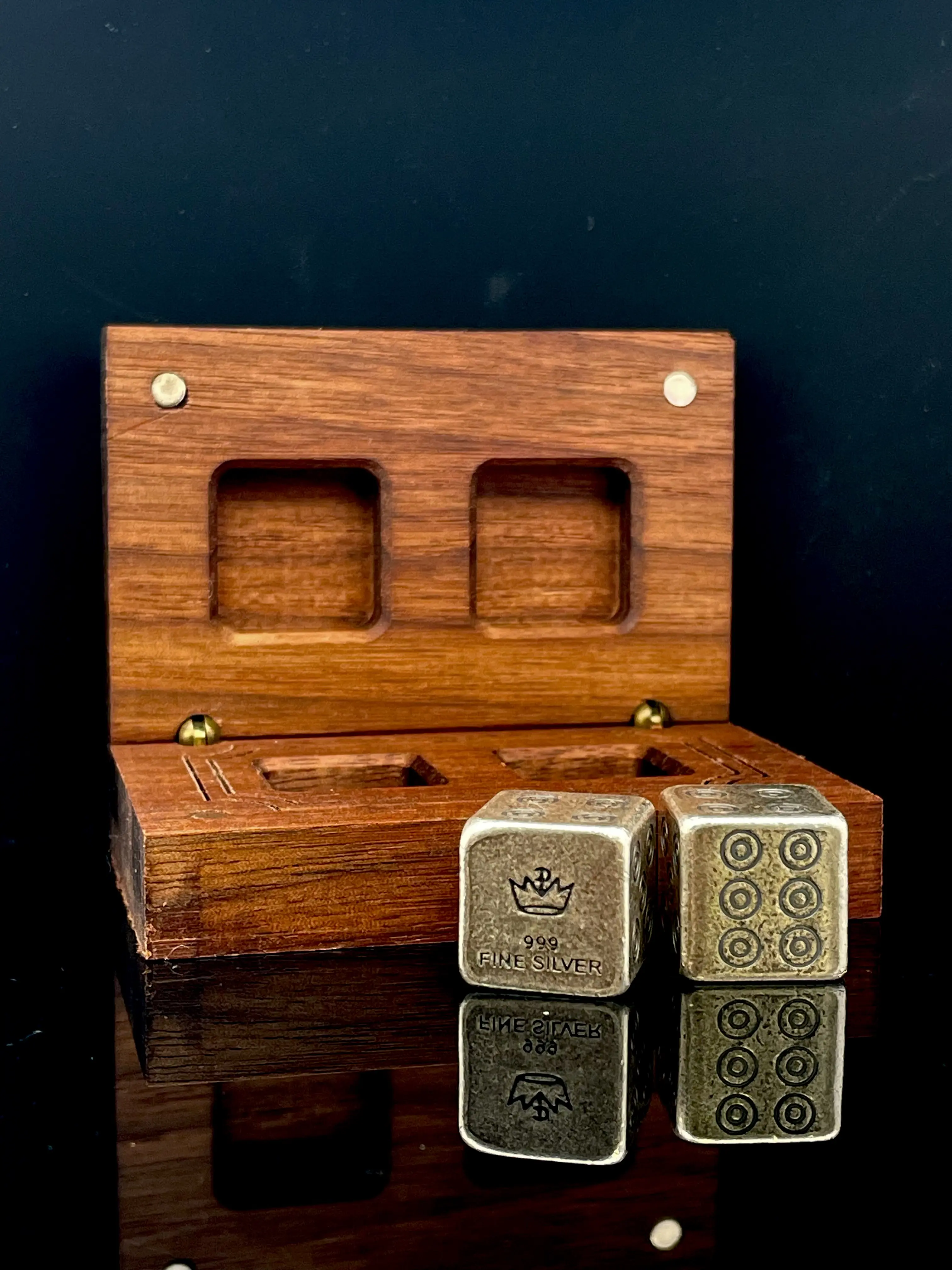 Pair of 1.338 Troy Oz .999 Fine Silver Viking Dice with Wooden Presentation Box