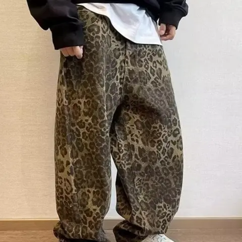 Men's Leopard Print Wide Leg Jeans Loose Classic Casual Fashion Comfy Denim Trousers for Daily Wear, Fashion Men's Bottoms for All Seasons, Loose Casual Menswear