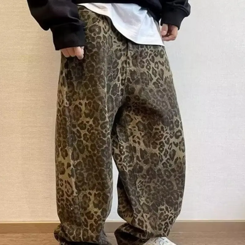 Men's Leopard Print Wide Leg Jeans Loose Classic Casual Fashion Comfy Denim Trousers for Daily Wear, Fashion Men's Bottoms for All Seasons, Loose Casual Menswear