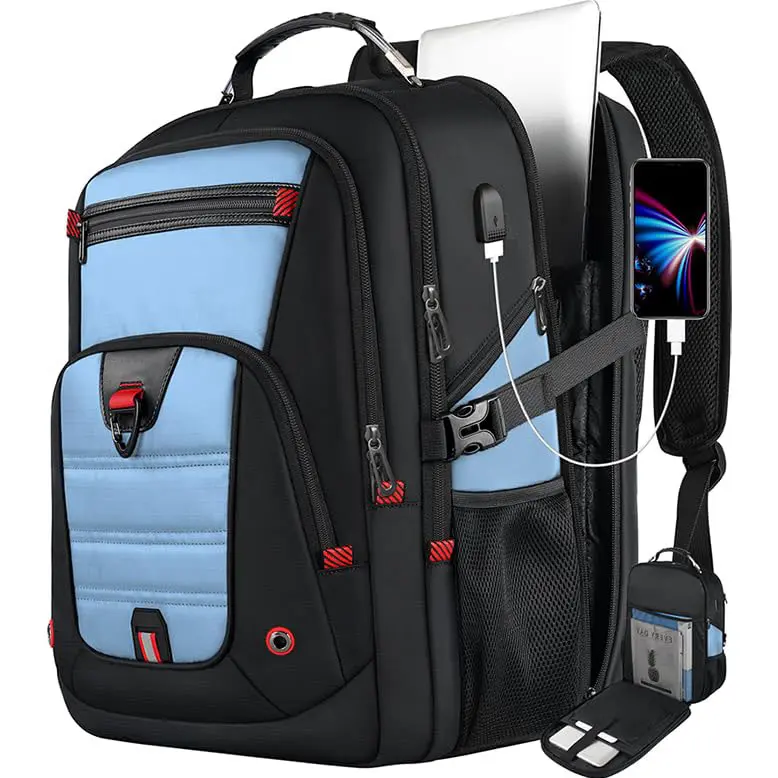 Big Backpack for Travel, Extra Large Laptop Backpack, Anti-Theft Computer Backpack 50L for Women Men, Waterproof Heavy Duty Backpack 17.3 Inch with USB Port, College Business Work Daypack, Lake Blue