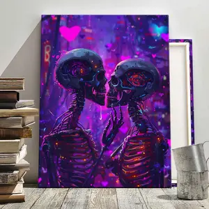 1Count Halloween Framed Canvas, Cyberpunk Robotic Skeletons Love, Neon Hearts Futuristic Art, Exquisite Poster, Christmas Decoration Poster, Living Room, Bedroom, High Definition Home Poster,  Ideal Gift, Waterproof,  Art, Wooden Wall Art