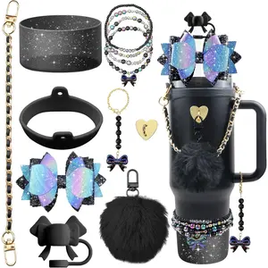 12 count Accessories for  Cup 40oz&30oz Tumbler Accessories Including  Cute Black Bow Straw Topper Cover   Boot Leather Bottle Handle Strap Bracelet Y2K Black Charms