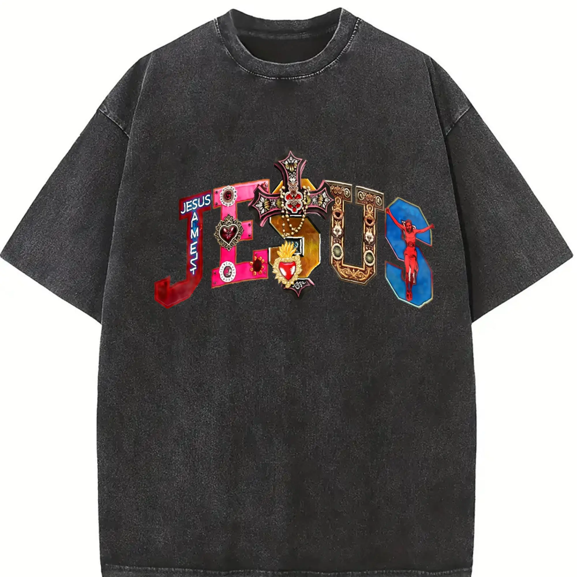 Men's "Jesus" Colorful Cross & Gem Graphic Cropped T-Shirt, Religious Streetwear White Tee, Casual Boxy Fit Cotton T-Shirt