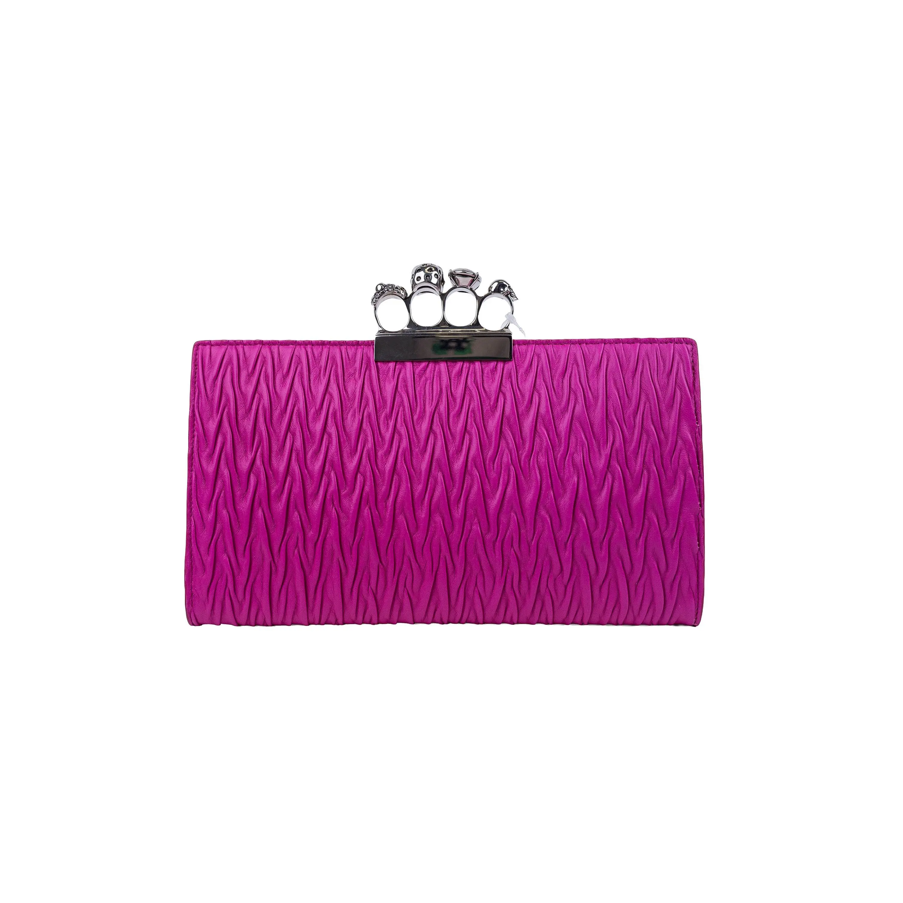 Pre-owned Leather Mini Bags Alexander McQueen Hot Pink Matelassé Four Ring Skull Knuckle Clutch Silver Hardware