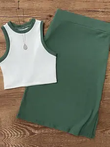 2pcs Women Elegant Vintage Resort Style Fitted Solid Color Contrast Trim Camisole & Long Skirt Set, Spring/Summer