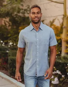 Freshwater Short Sleeve Button Up Shirt in Blue Dobby