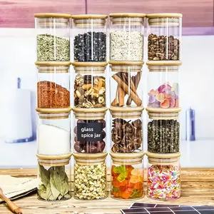 12pcs Clear Glass Storage Jars Canisters Set with Airtight Sealed Lids, Bamboo Covers, Various Capacities 100/240/280ML, Kitchen Spice Containers, Food Containers