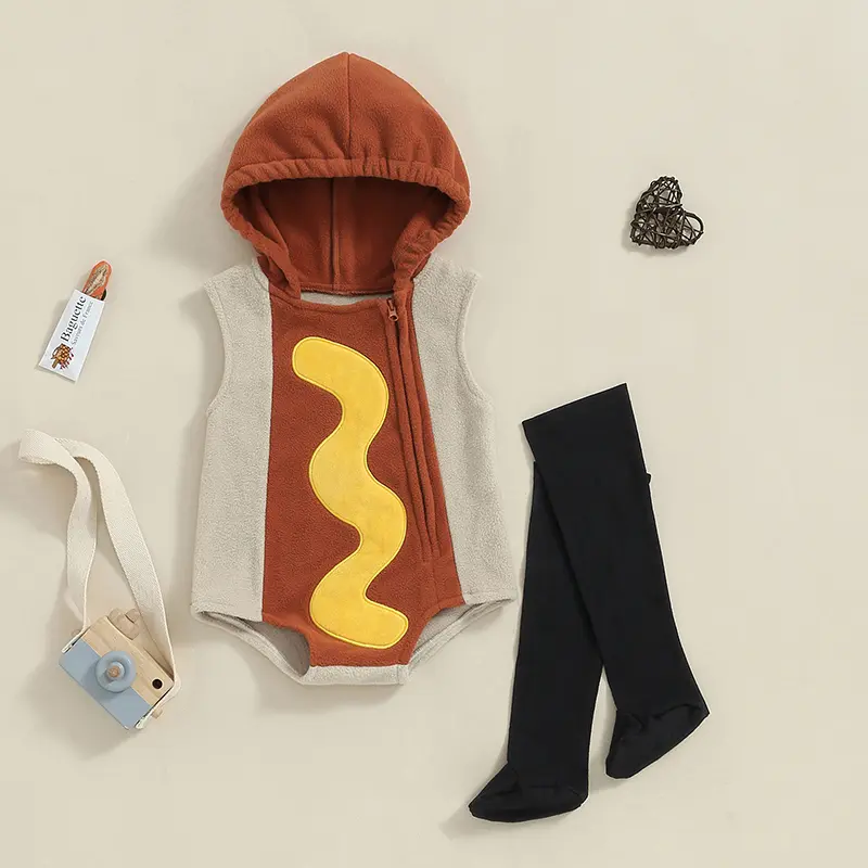 Baby Hot Dog Costume Outfit, Funny Cosplay Sleeveless Hooded Romper with Long Socks for Infants & Toddlers, Baby Clothes Girl, Polyester, Unisex Gift Set, One-Piece Romper Saves Outfit Time