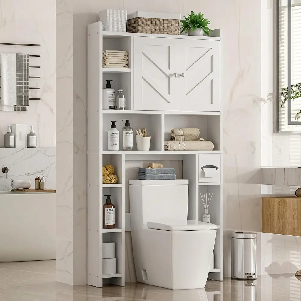 Walsunny Over The Toilet Storage Cabinet, Farmhouse Storage Cabinet with 2 Barn Door & Toilet Paper Holder Stand, Toilet Rack for Bathroom, Laundry Furniture Organizer, White