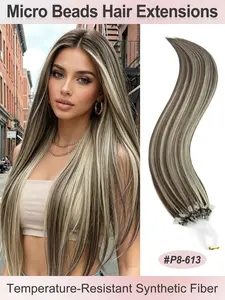 50 Strands Micro Beads Hair Extensions, 20inch Natural Straight Hair, 12 Colors, Add Volume & Length, Synthetic Hair for Women