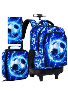Rolling Backpack for Boys and Mens, 3PCS Roller Bookbag with Lunch Bag for Kids, Wheeled School Bag for Children - Lightning Soccer Backpack Set