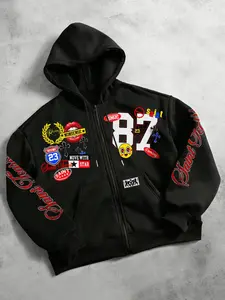 Men's Trendy 'saint 87' Patchwork Hoodie, Mixed Print Badge + 87 Number Design, Zipper Style, Loose Oversized Fit, Casual Spring & Fall Top