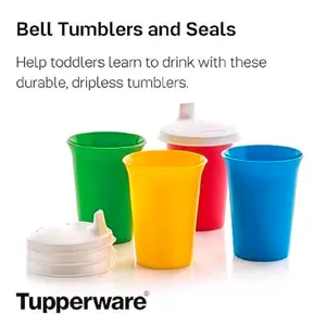 Tupperware Bell Tumblers and Seals for Toddlers Durable Dripless Learning Cups in Green Yellow Red and Blue