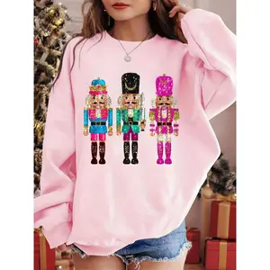 Women’s casual off-shoulder long-sleeve sweatshirt with Christmas nutcracker print, crew neck, a perfect match for autumn and winter GARMENTARY