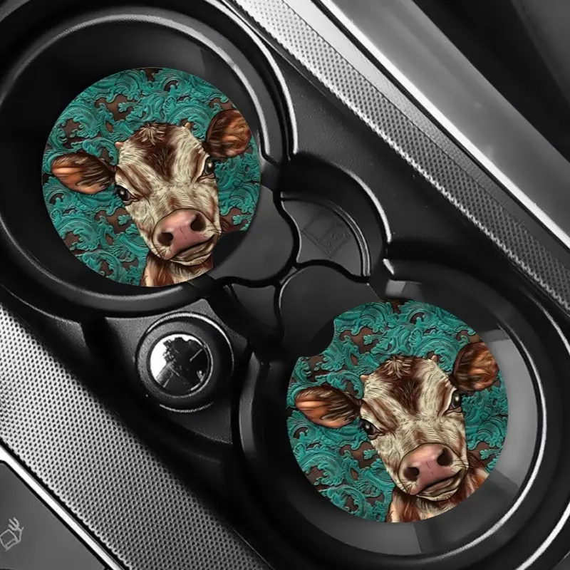 Cute Western Turquoise Cow Car Coasters - Unique Design for Car Decoration