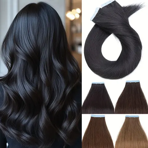 10PCS/ 20PCS Tape in Hair Extension Soft & Silky Human Hair Extensions Seamless Invisible Straight Brazilian Hair Hairpieces For Women - Jet Black, Natural Black, Dark Brown, Light Brown